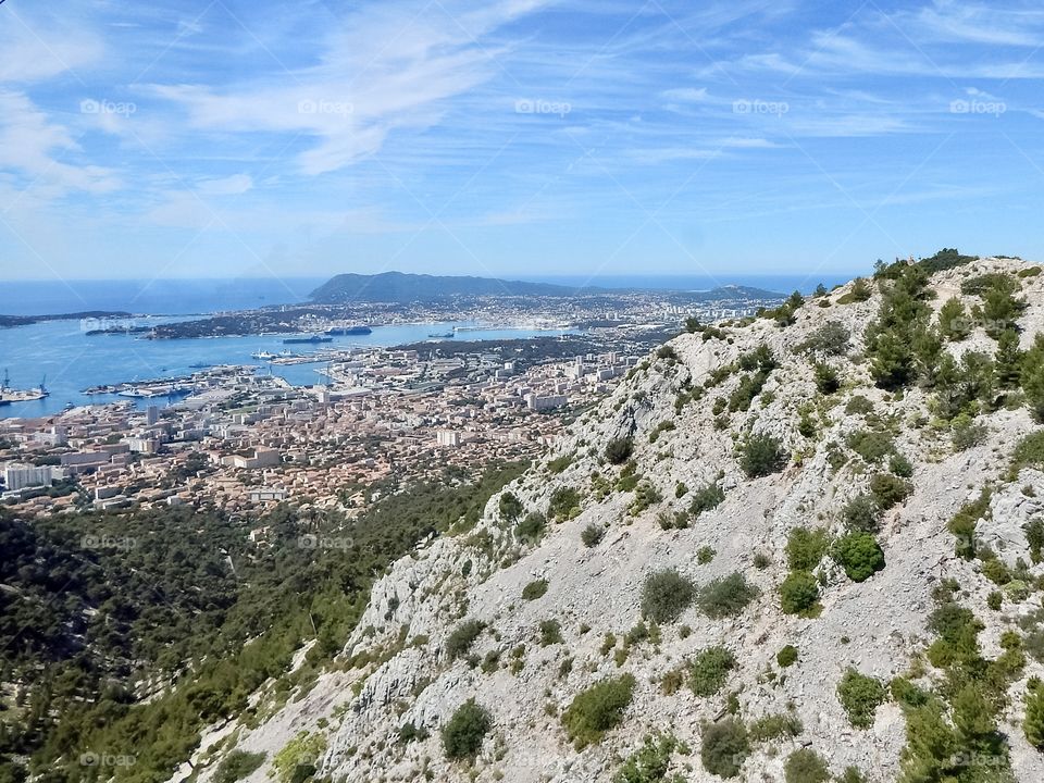 view from the mountain on the Mediterranean Sea and the city of Toulon in France, sunny day