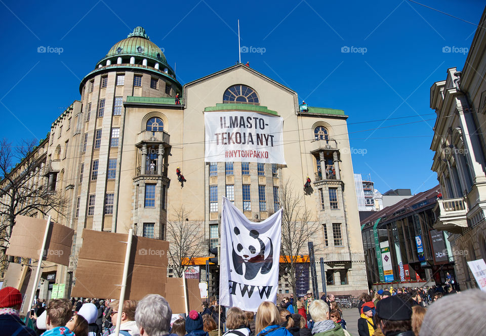 Helsinki, Finland - April 6, 2019: March and demonstration against climate change (Ilmastomarssi) in downtown Helsinki, Finland attended by more than 10000 people. 