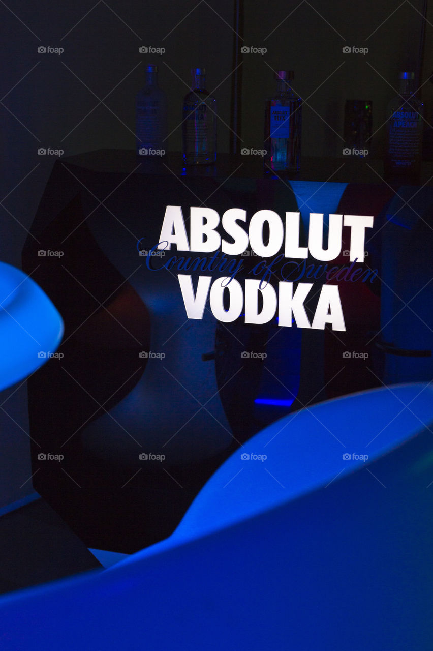 ABSOLUT VODKA blue bar display set up up at the night club. Ready for the private party?