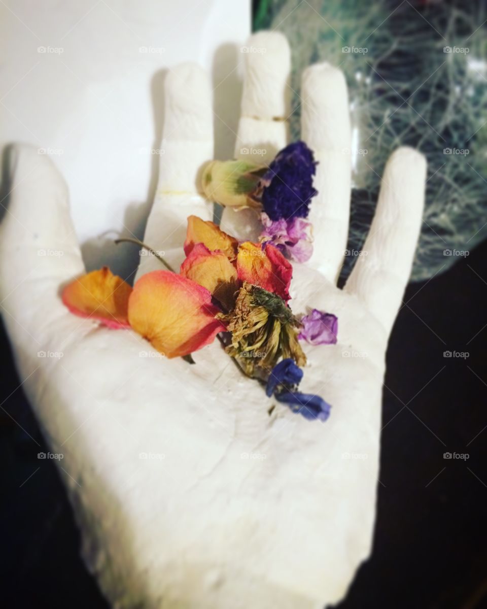 A sister's hand holding flowers from her own funeral.