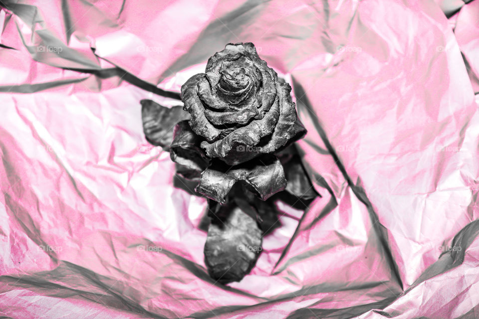 Кованая пунцовая роза. Фон светлый, розовый.