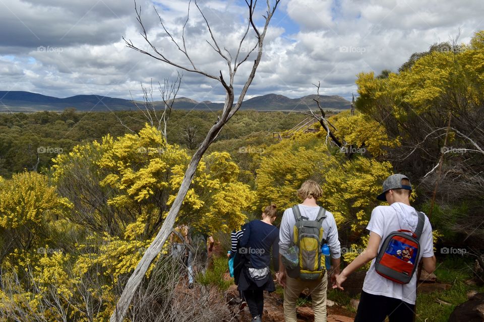 Family hiking down a mountain range trail in the Flinders Ranges Wilpena pound area of south Australia with backpacks