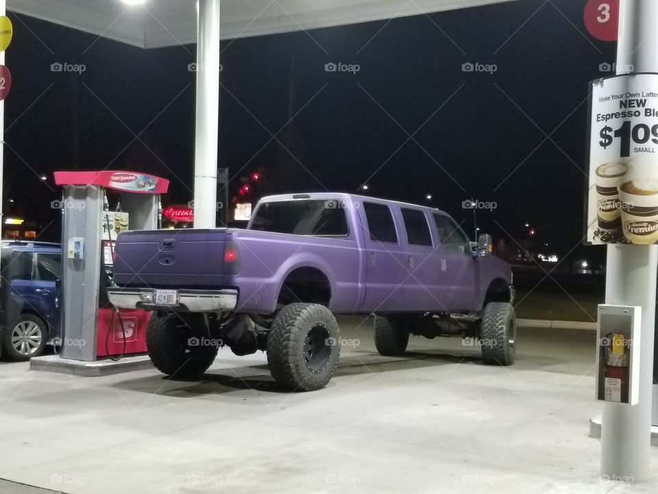 purple truck extended long limo lift redneck gas station hillbilly