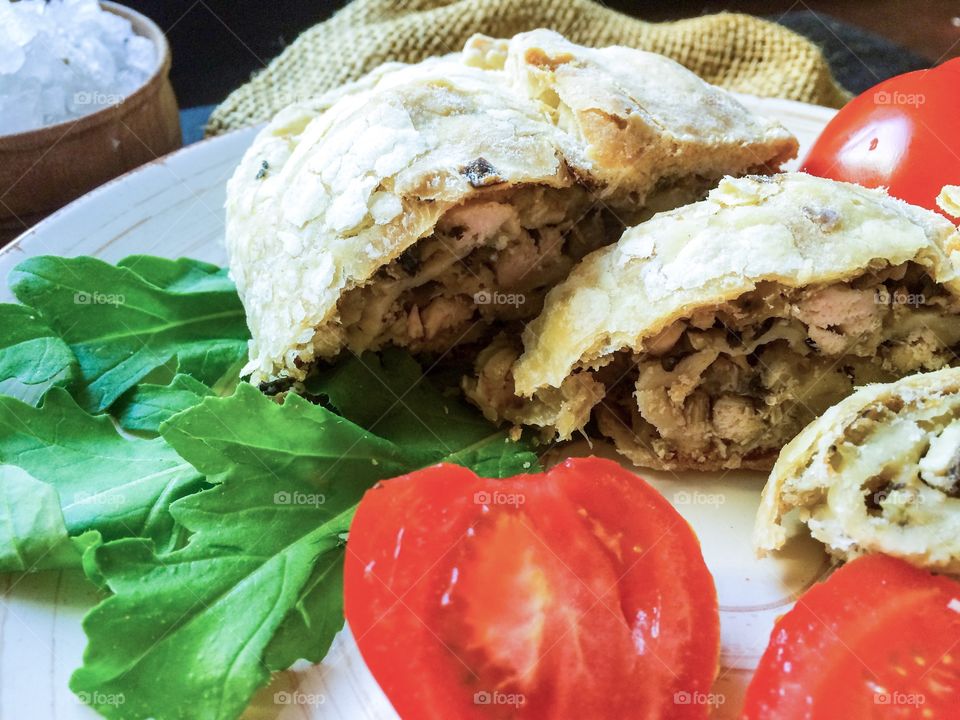 Strudel with mushrooms and chicken   Close up. 