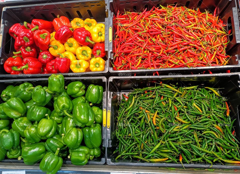 Variety peppers on display.