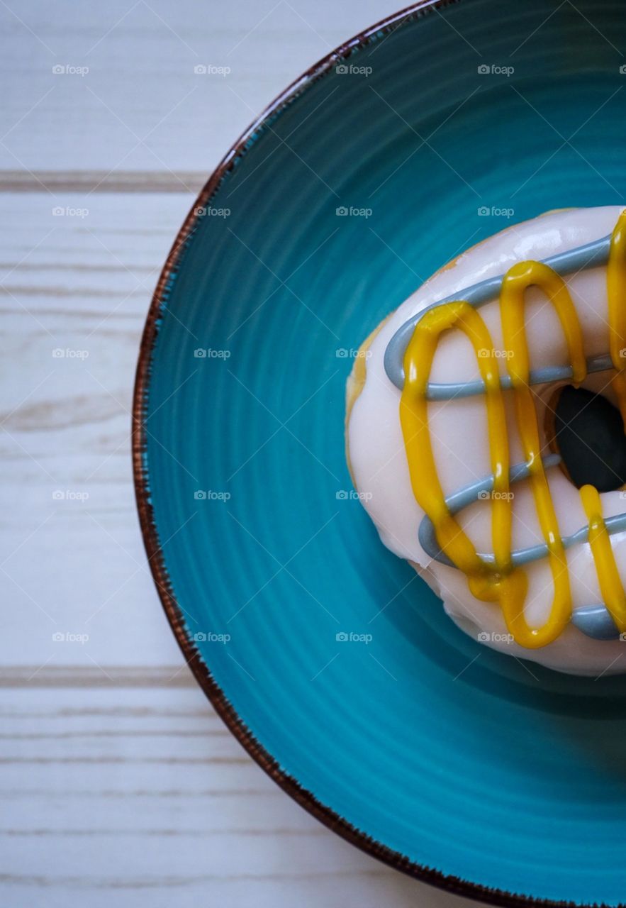 Frosted And Drizzled Donut On A Plate On A Wooden Table, Food Photography, Closeup Macro Detail Photograph 