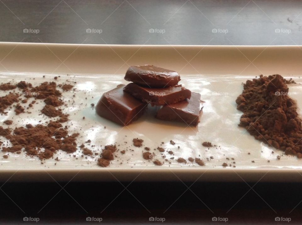 Pieces of fudge with cocoa powder.