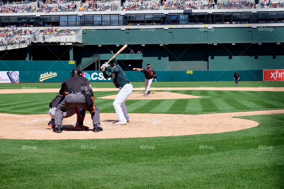 Oakland A's versus the San Francisco Giants during a Bay Bridge Series game on April 2nd, 2015.