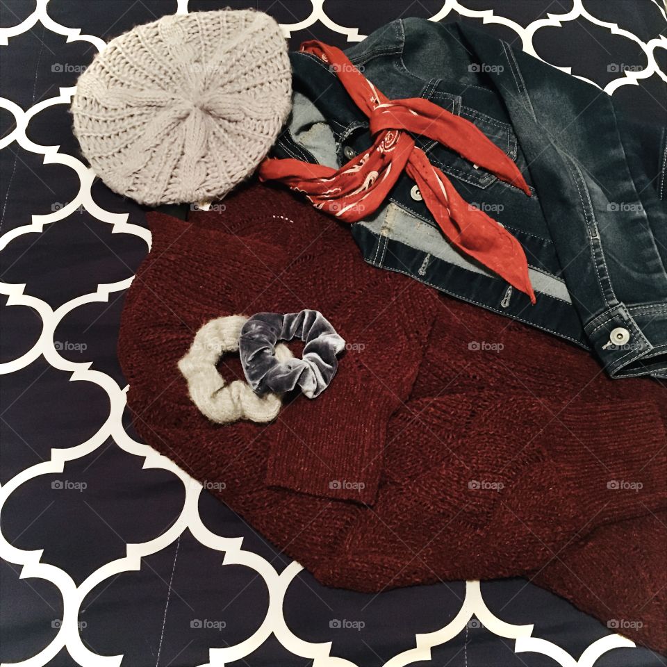 Cold-weather essentials: denim jacket, colorful scarf, warm hat, cozy cardigan, and soft scrunchies. :) 