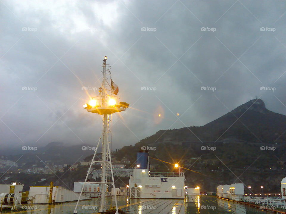 # Weather deck# cloudy# rainy# weather# lights# ship# Grimaldi lines# mountain view#
