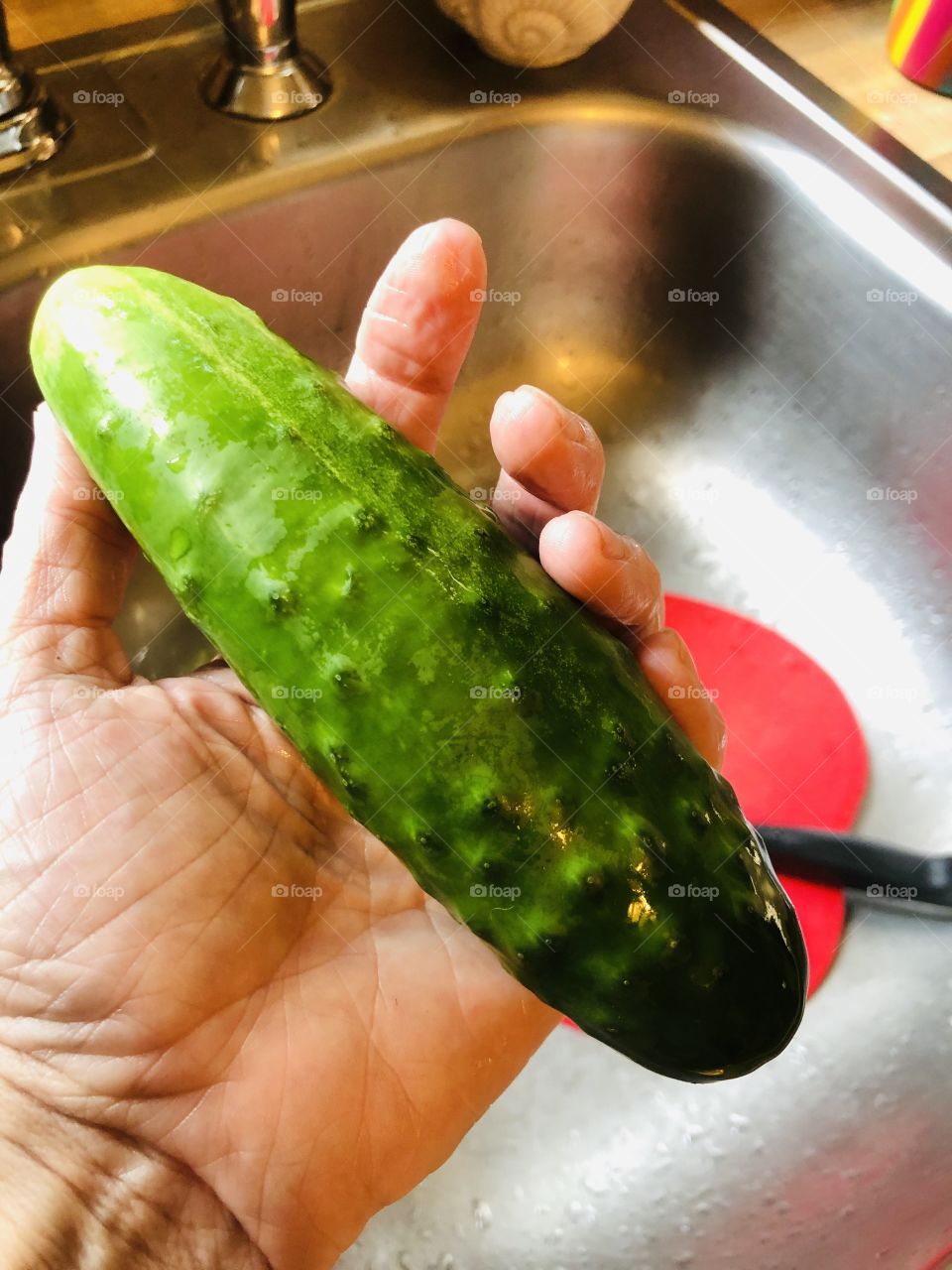 Human hand holding fresh cucumber over kitchen sink 