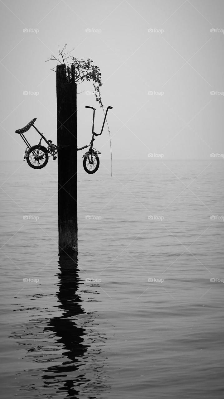 Black and white photo of installation art down at Commencement Bay waterfront in Tacoma, Washington 