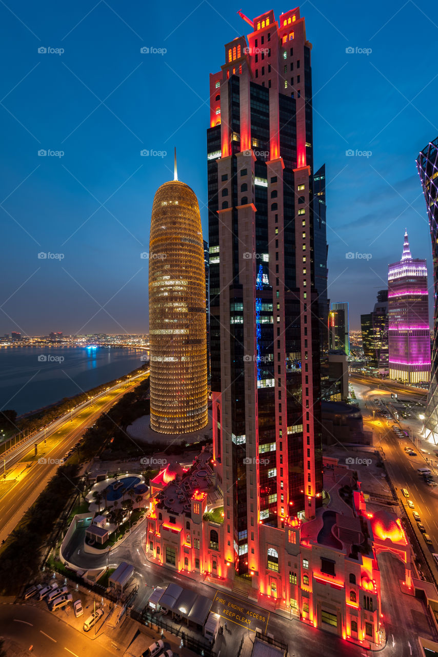 Red illuminated skyscrapers 
