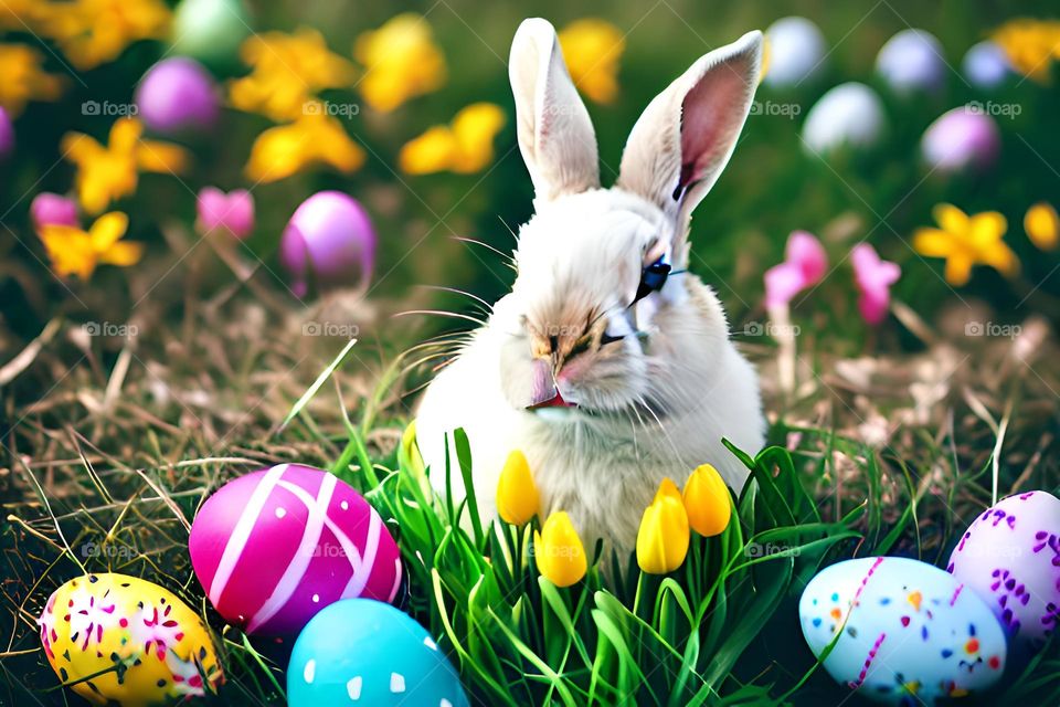 Easter, Easter feast, Easter eggs, colored eggs, Spring, Egg, flowers, white rabbit