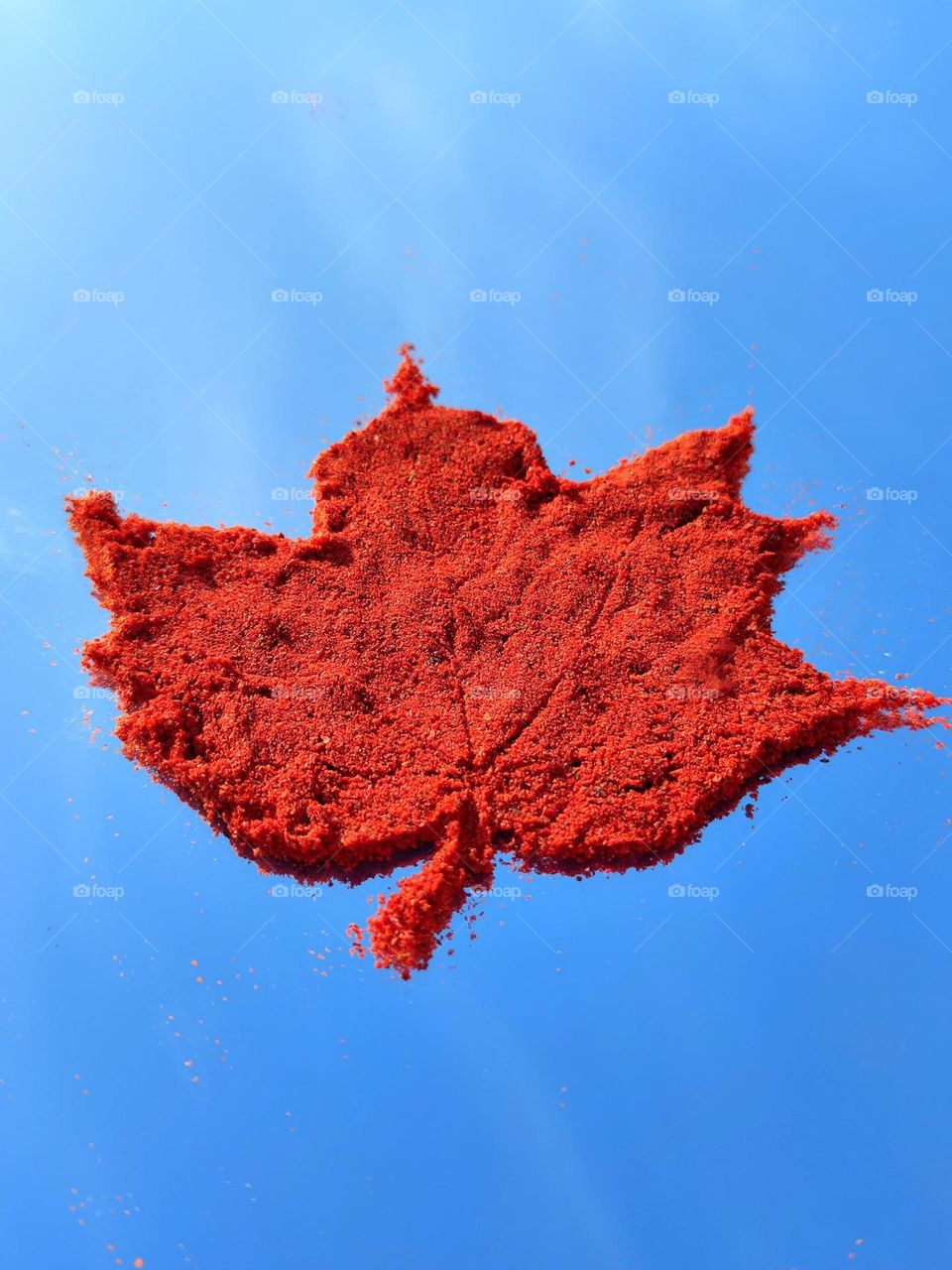 On a mirror surface there is paprika in the shape of a red maple leaf