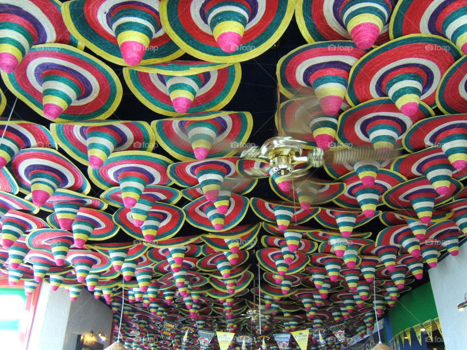Mexican hats. the ceiling of a Mexican restaurant