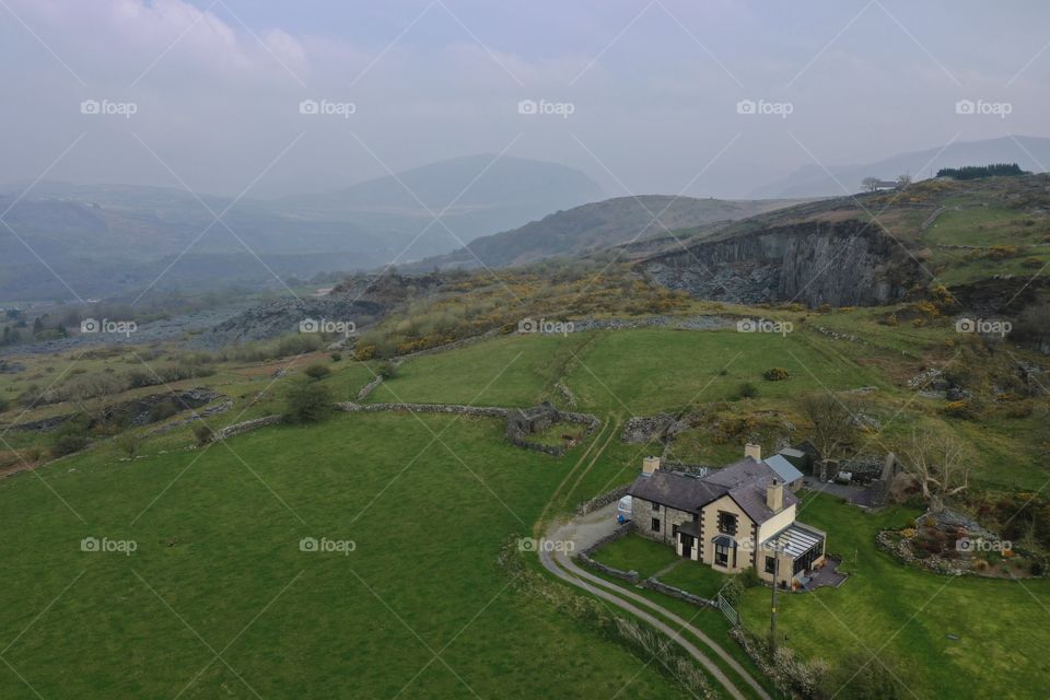 drone picture of a house in snowdonia national park