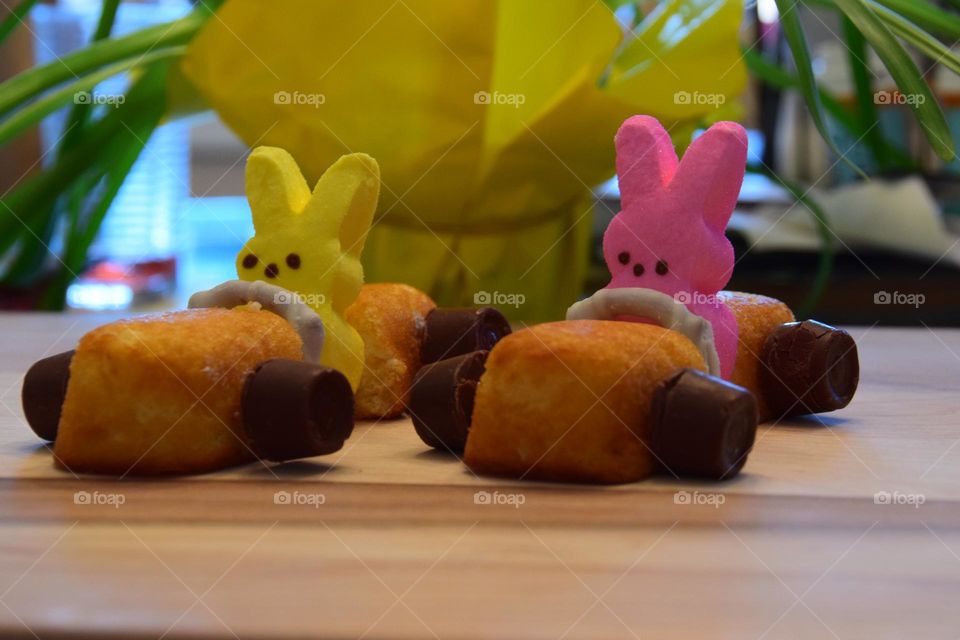Easter, festive, candy arrangement, colorful, peeps, driving Twinkie cars