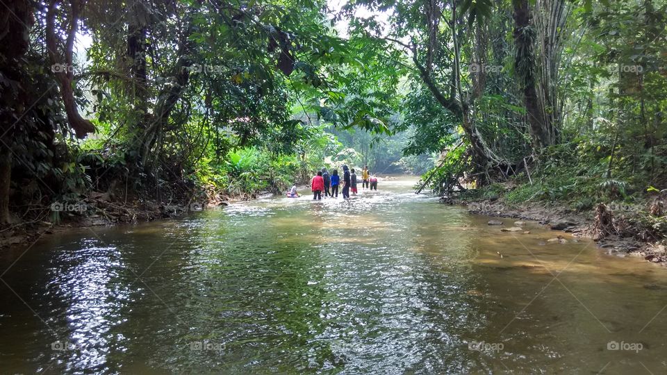Exploring the river. A group of youngters exploring Sg Batang Kali for shrimps  and crabs.