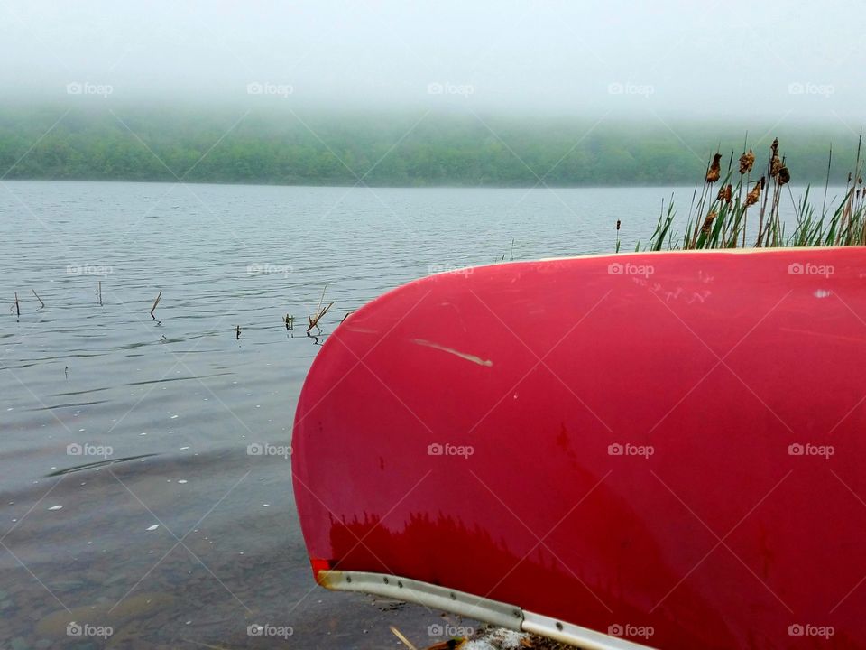 bright red canoe at edge of foggy mountain lake, cattails