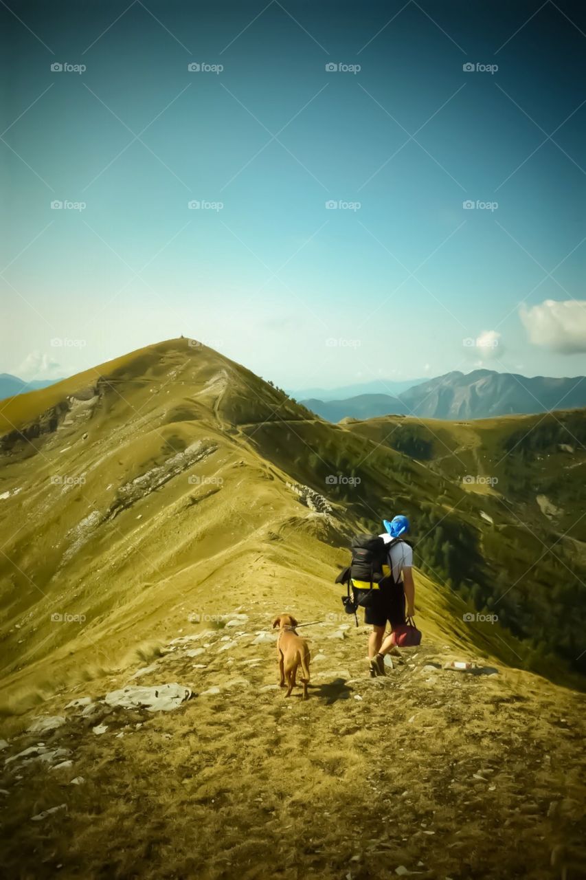 hiking with dog, italian alps. 