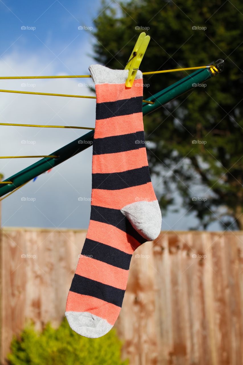 Striped sock hanging on the washing line in the garden 
