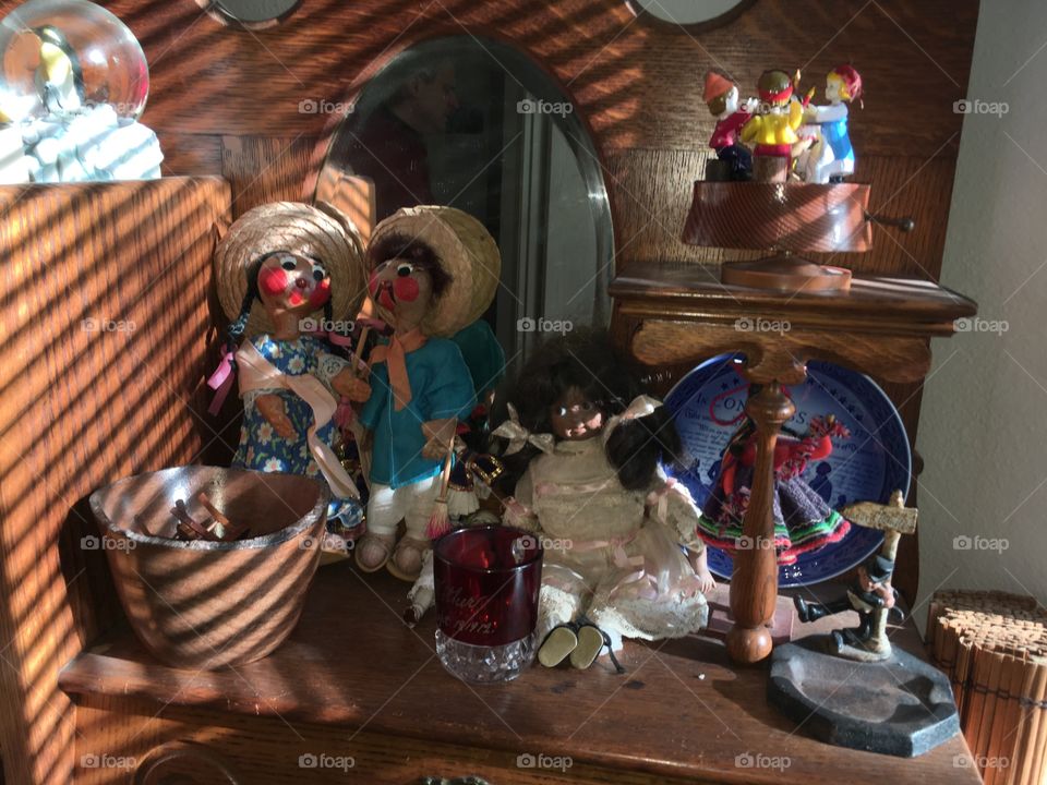 Vintage Antique dolls in cabinet Mexican folk dolls Americana