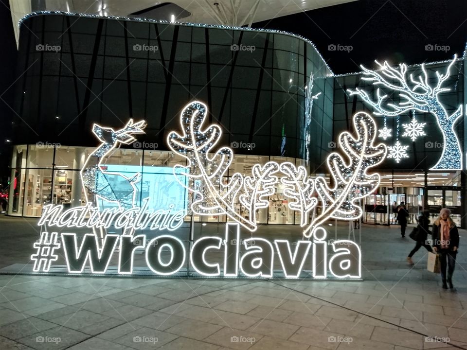 Christmas decorations in front of the Wroclaw shopping center.