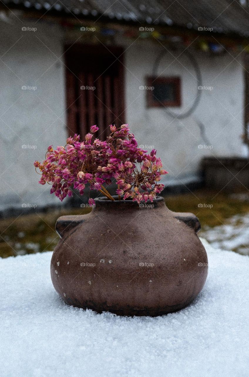 Vase with flowers on the table in the courtyard of a rural house