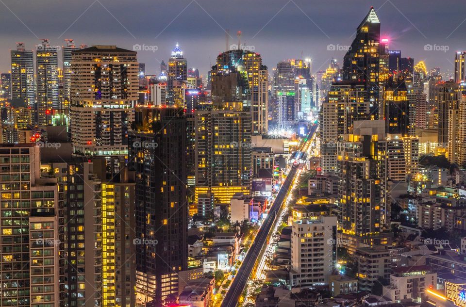 the Cityscape and the skyscrapers of the Metropolis Bangkok Thailand Southeast Asia in the Night Time