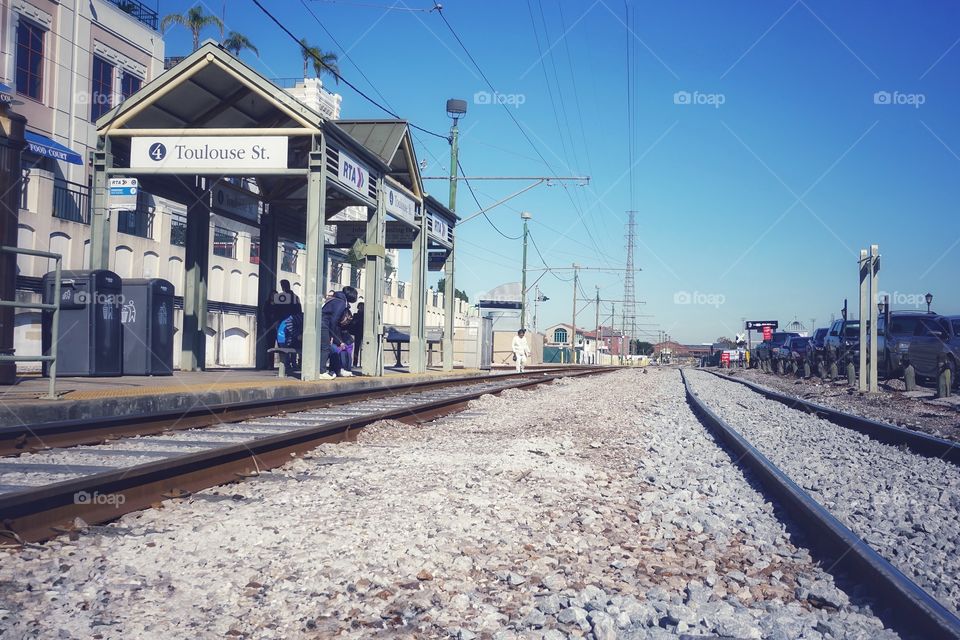Toulouse Street Railway Station, French Quarter, New Orleans. Not many waiting passengers on platform at the moment.