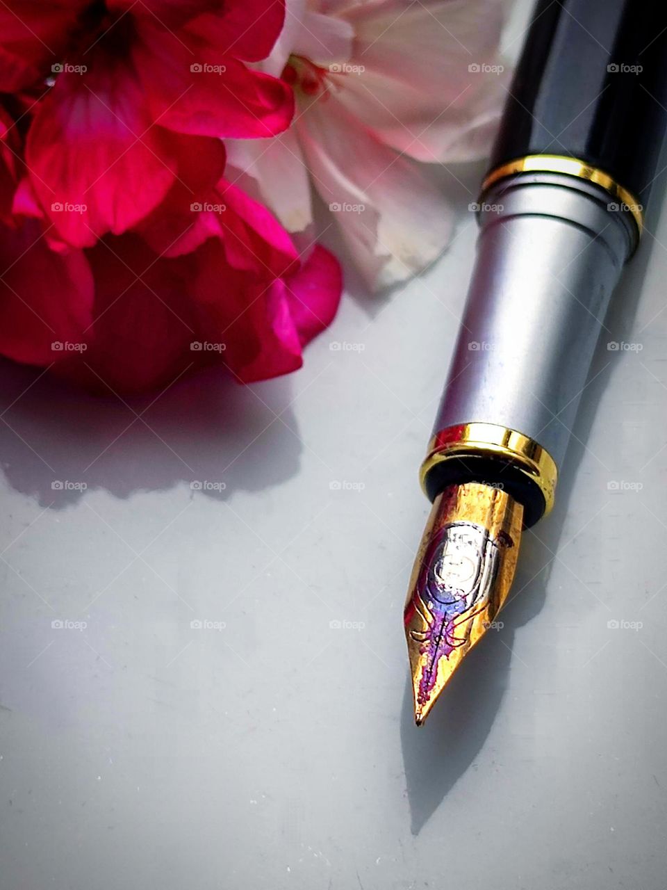 On a white background lies a metal ink pen. There is a spot of purple ink on the surface of the metal pen. Nearby are flowers: red and white. A long shadow falls from the pen