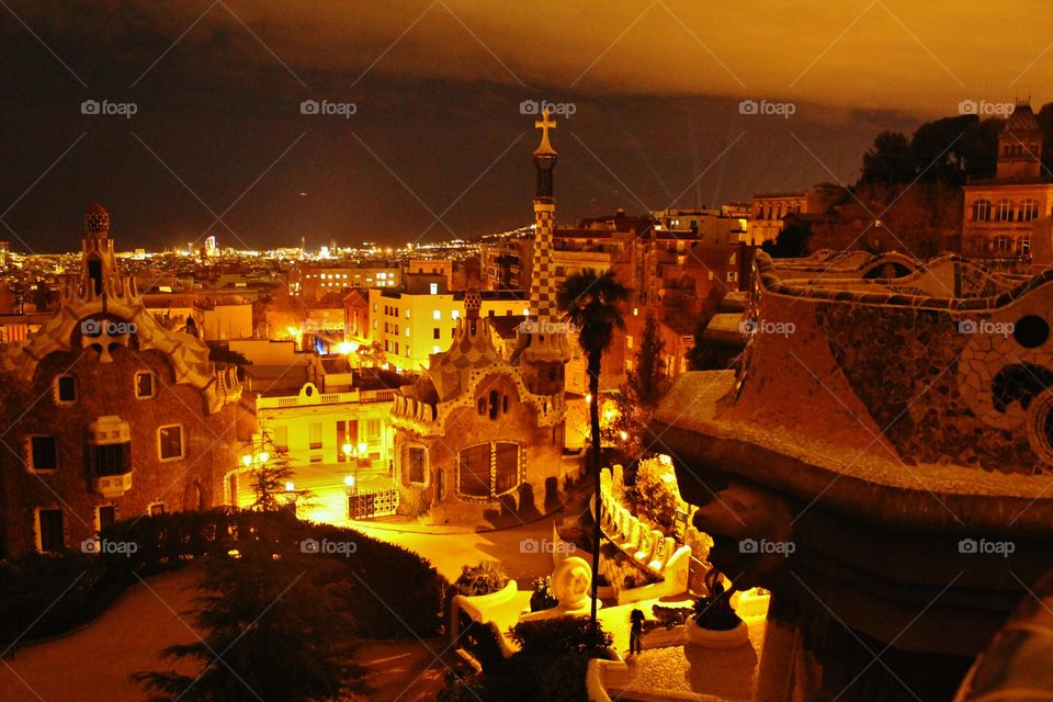 the night when they celebrate light festival. taken from a hill in the city. buildings is the famous Gaudi design