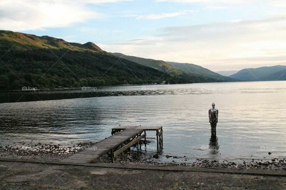Sculpture of man in the water (Mirror Man): Loch Earn - Scotland