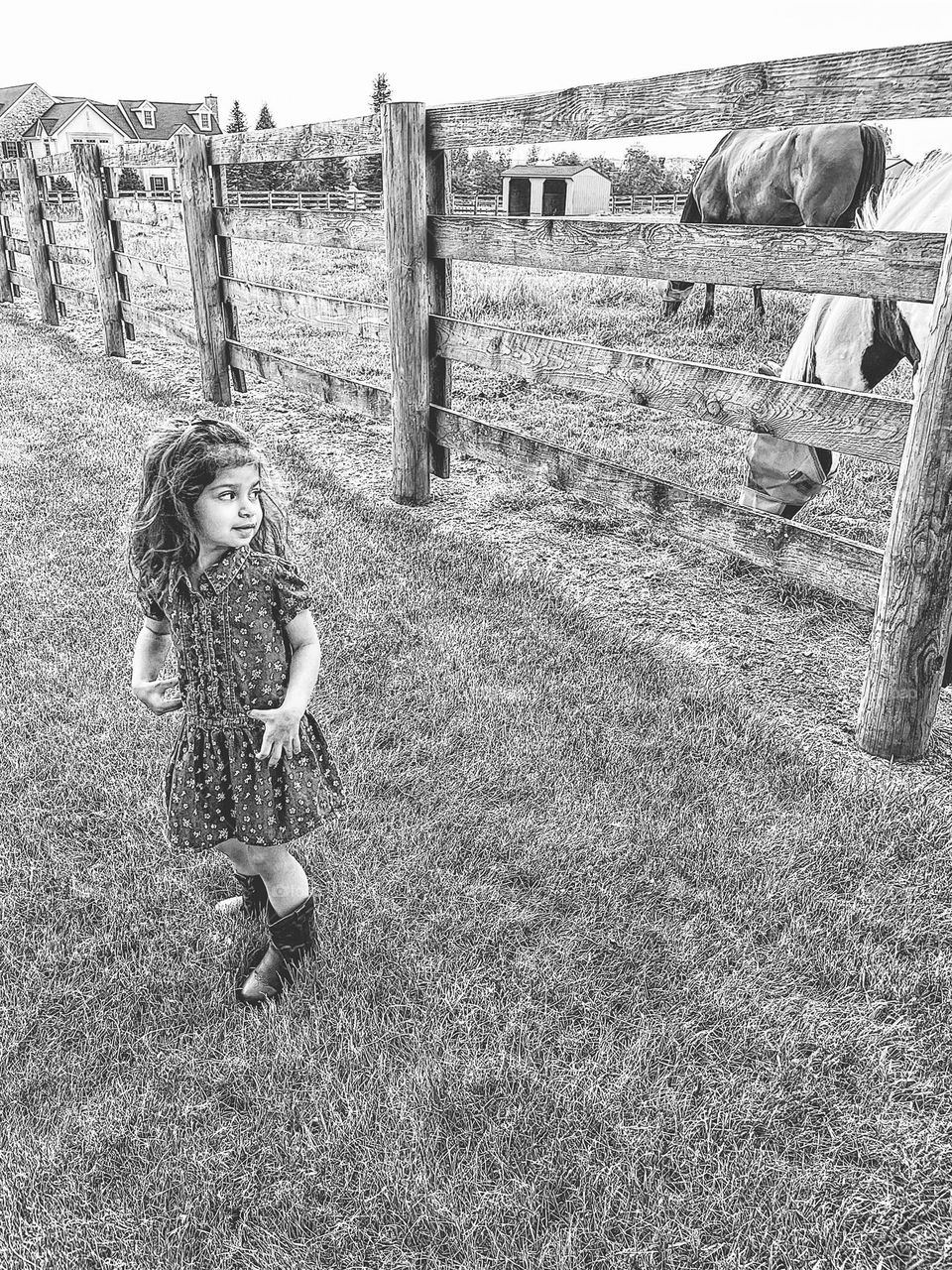 Black and white portrait with a horse, toddler girl looks back at horse, toddler on the horse farm, magic on the farm, moments of happiness on the farm, toddler girl loves horses, animals and toddlers on the farm 