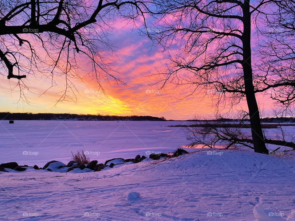 Incredible sunset with purple, pink, orange and yellow sky after the sun set!! 