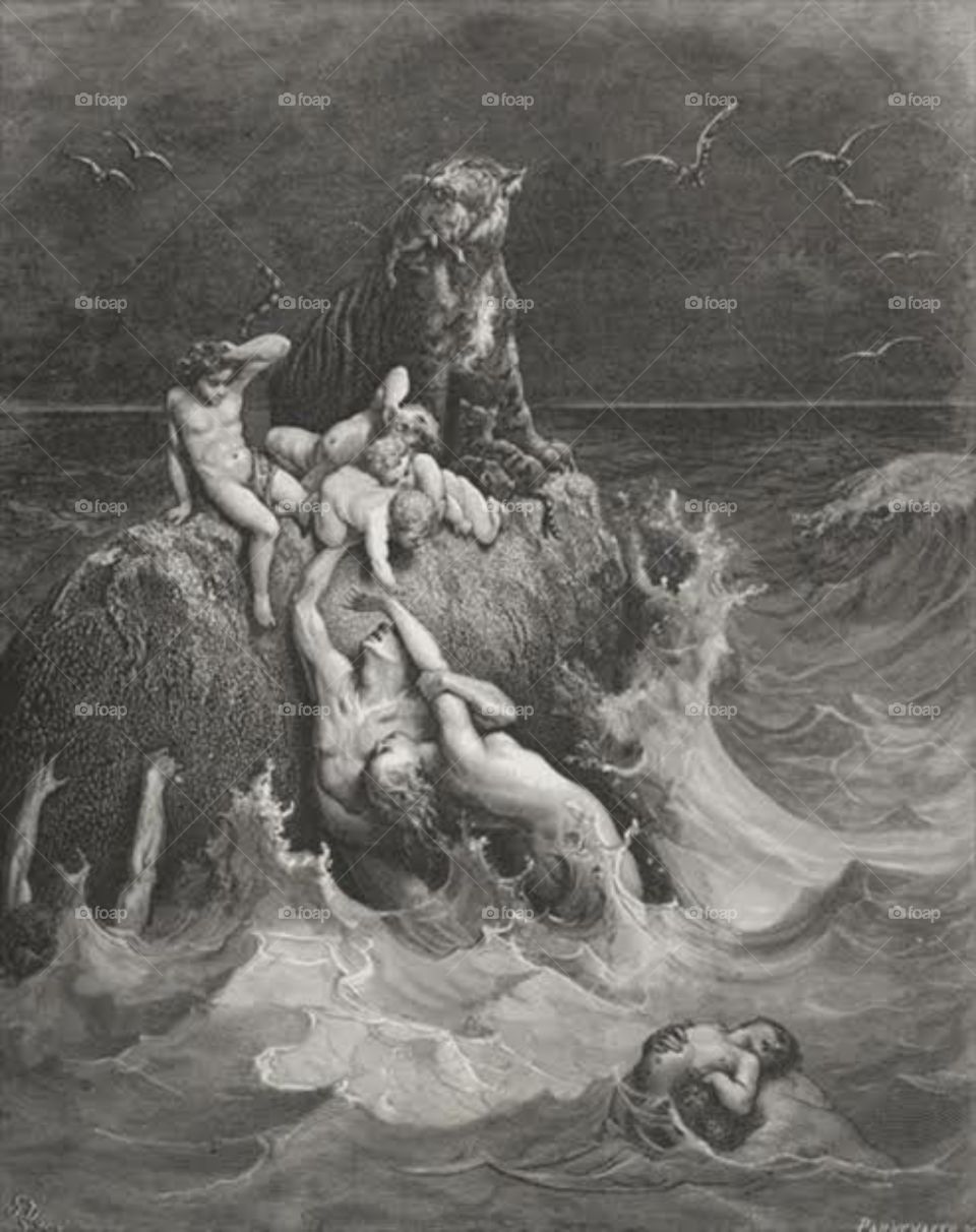 It's by Gustave Doré, usually considered a master engraver, this image is a powerful depiction of the doomed men and beasts in the story of Noah's Ark trying desperately and futilely to save their children.