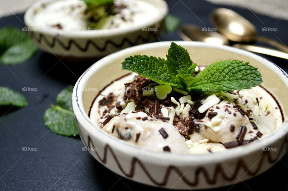 Close-up of ice cream with mint leaf