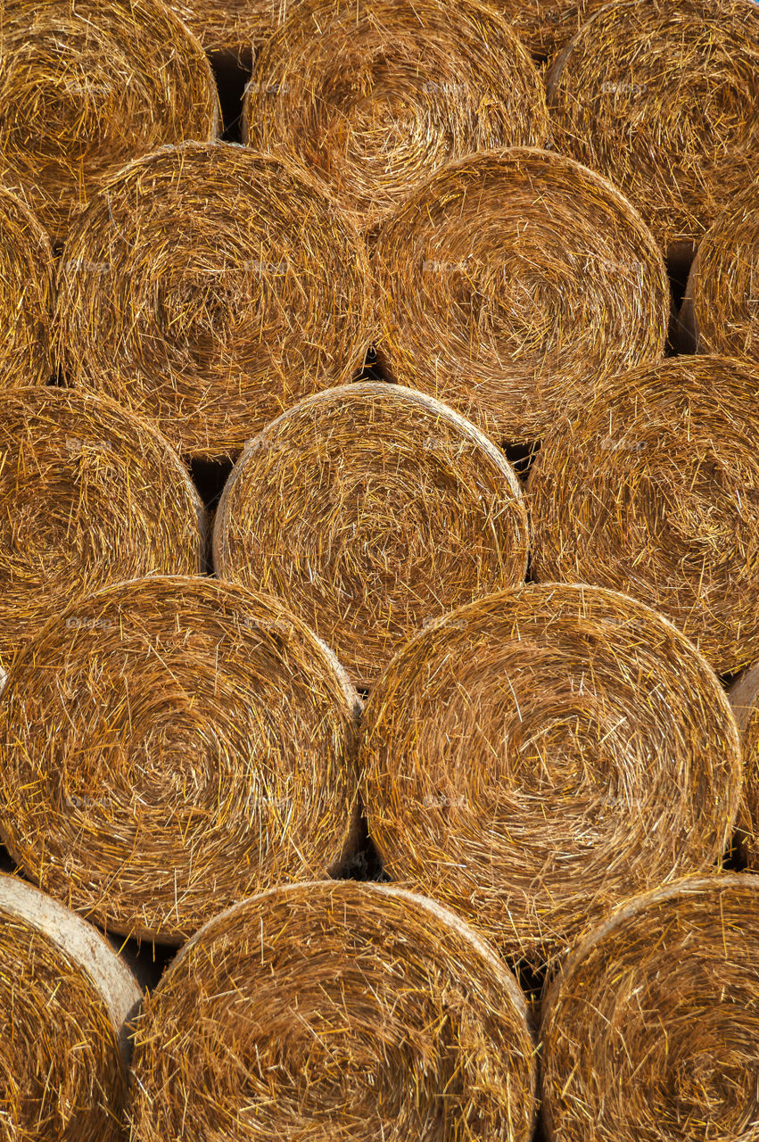 Close up at the stacked round shaped bales of hay.