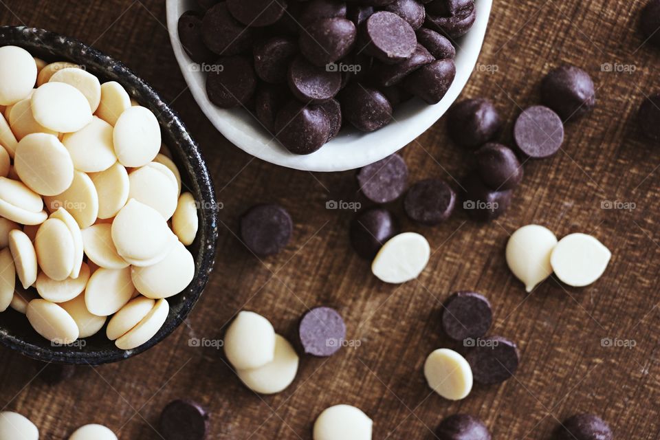 High angle view of chocolate chips on table