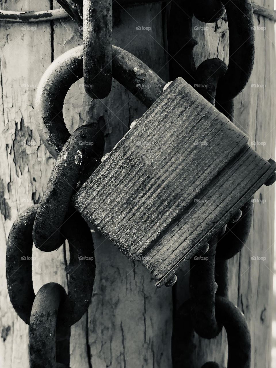 Black and white of lock for the front gate on the ranch. Thank goodness the gates not locked because I have no idea where the key is??