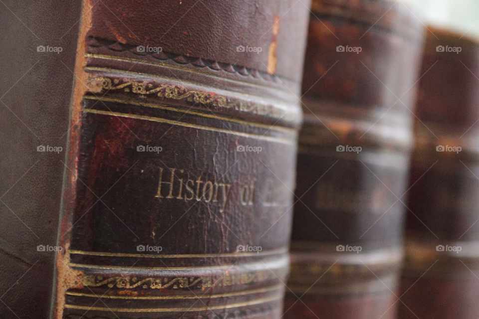 Old history book’s spines. History of England books.