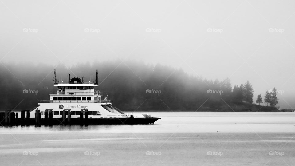 A soft filtered black and white of a Washington State ferry docked on a foggy Autumn morning 