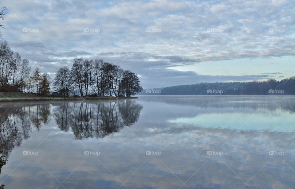 Foggy morning at the lake in poland