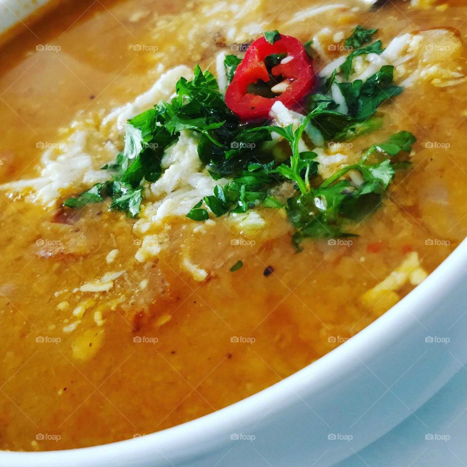 Fresh lentil and tomato soup in Restaurant Fuchka