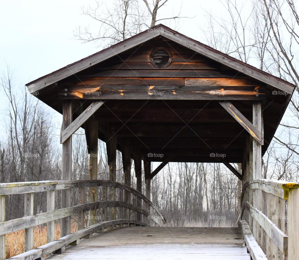 A snowy covered bridge 
