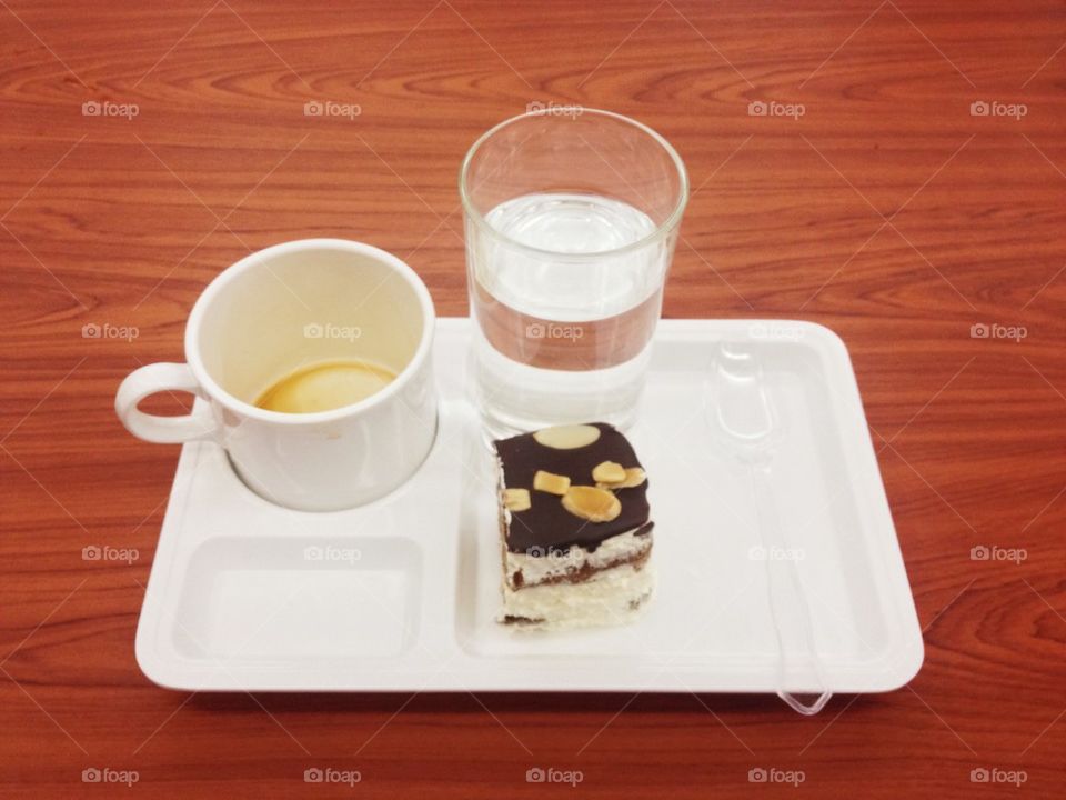 Coffee break set on wood table background