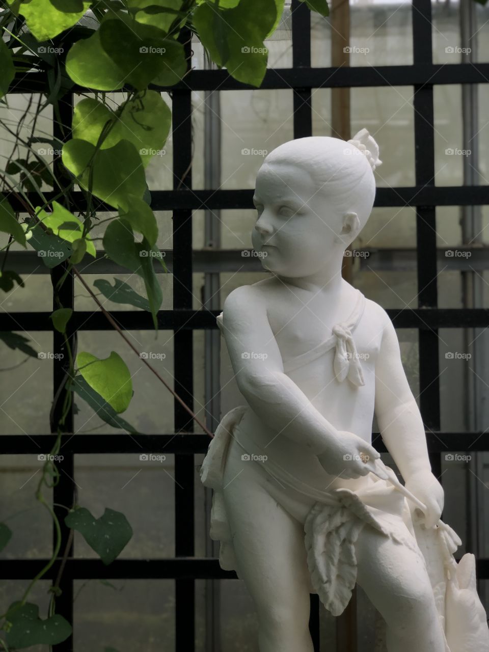 White cherub statue in greenhouse garden
