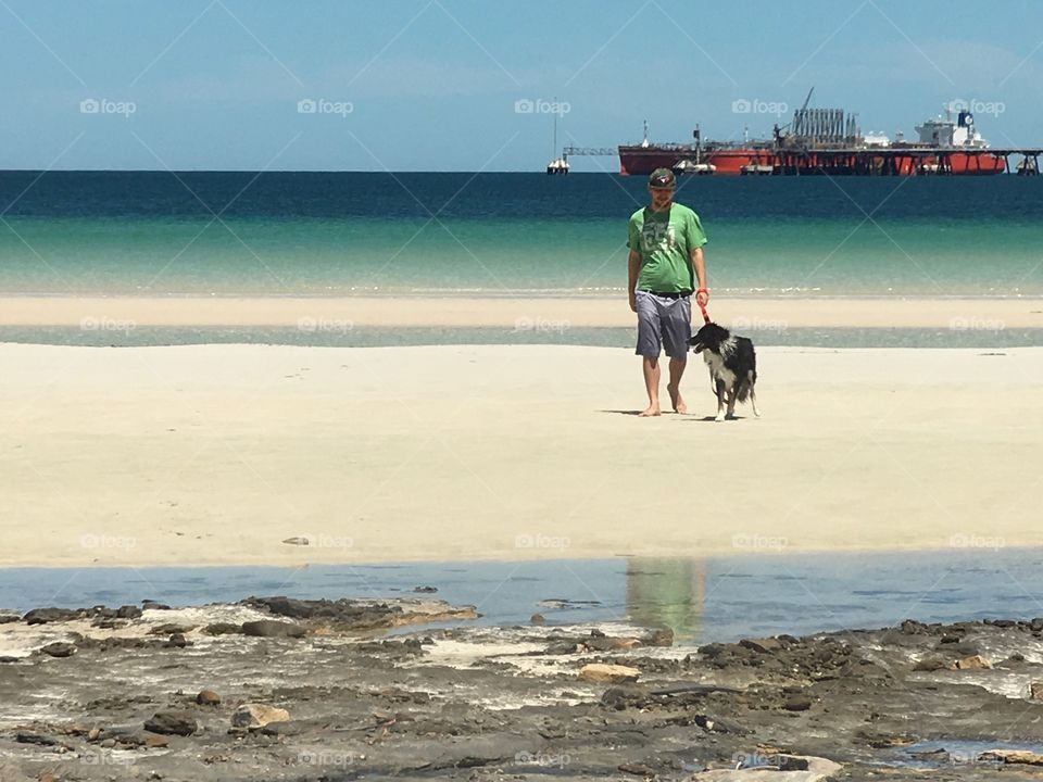 Man with his dog walking on beach