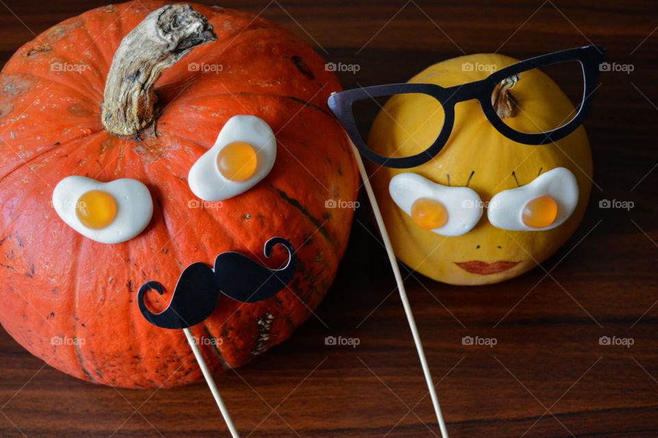 happy Halloween decorations two pumpkins couple